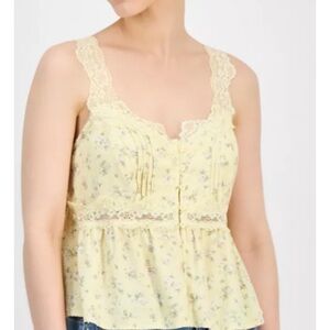 And Now This Yellow Floral Lace-Trim Peplum Tank Top Womens XL Stretch Straps
